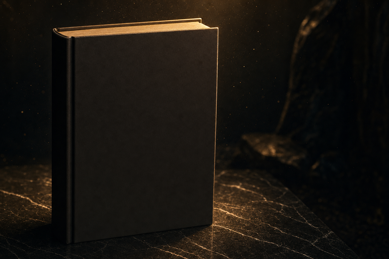 A black hardcover book with a gold rim light standing on dark stone