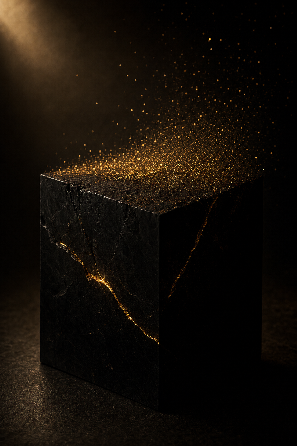 An obsidian monolith fractured with veins of gold, dissolving into rising golden particles