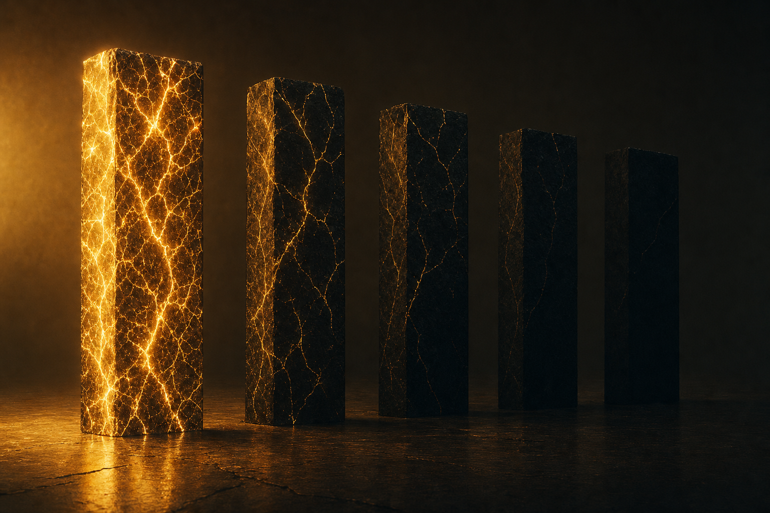 Five obsidian monoliths in a row, glowing progressively brighter with gold light